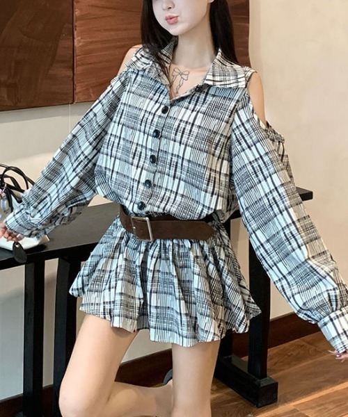 gossip!ロサンゼルス(ゴシップロサンゼルス)の「カットアウトデザイン オフホワイトチェックミニ丈ワンピース(シャツワンピース・レディース・ブラウン/オフホワイト・L/M)」の17枚目の写真