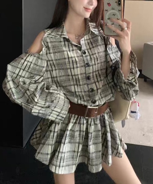 gossip!ロサンゼルス(ゴシップロサンゼルス)の「カットアウトデザイン オフホワイトチェックミニ丈ワンピース(シャツワンピース・レディース・ブラウン/オフホワイト・L/M)」の20枚目の写真