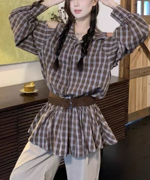 gossip!ロサンゼルス(ゴシップロサンゼルス)の「カットアウトデザイン オフホワイトチェックミニ丈ワンピース(シャツワンピース・レディース・ブラウン/オフホワイト・L/M)」の9枚目の写真