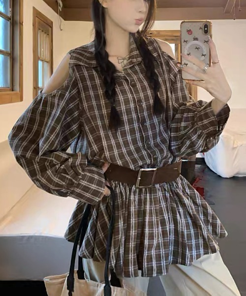 gossip!ロサンゼルス(ゴシップロサンゼルス)の「カットアウトデザイン オフホワイトチェックミニ丈ワンピース(シャツワンピース・レディース・ブラウン/オフホワイト・L/M)」の10枚目の写真