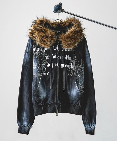 P.N UNDERGROUND】フードファー スプレー加工 ダブルジップ ショート丈