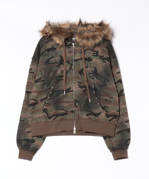 Revo.（レボ）の「【P.N UNDERGROUND】フードファー スプレー加工 ダブルジップ ショート丈 ジップパーカー 裏毛 スウェット（パーカー・メンズ・グレー/ブラック/カモフラージュ・L/M）」の4枚目の写真