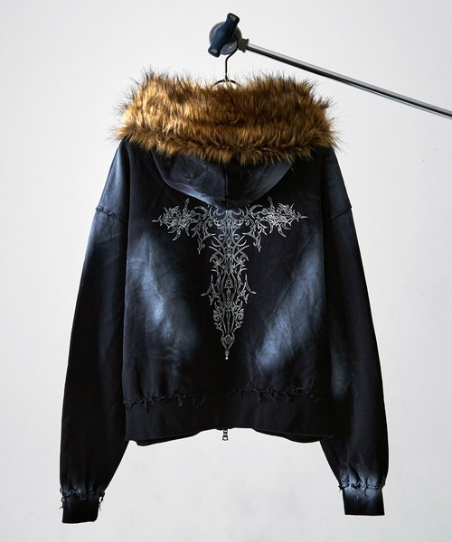 P.N UNDERGROUND】フードファー スプレー加工 ダブルジップ ショート丈