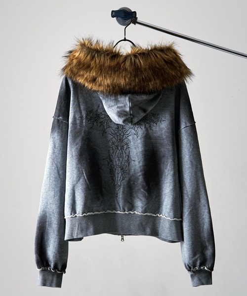 P.N UNDERGROUND】フードファー スプレー加工 ダブルジップ ショート丈