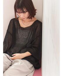 Samansa Mos2 blue | ◎7分袖シアーニット(ニット/セーター)