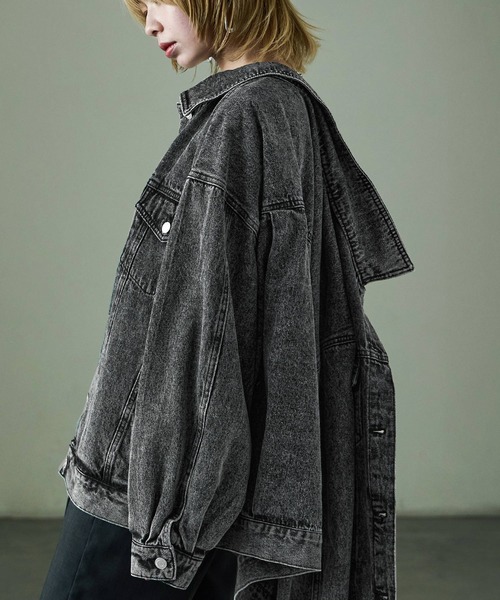 Fashion Letter（ファッションレター）の「オーバーサイズ デニムジャケット アウター ブルゾン（デニムジャケット・レディース・ライトブルー/ブラック/ブルー・M/L）」の2枚目の写真