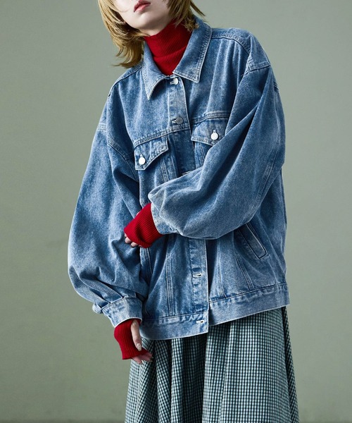 Fashion Letter（ファッションレター）の「オーバーサイズ デニムジャケット アウター ブルゾン（デニムジャケット・レディース・ライトブルー/ブラック/ブルー・M/L）」の7枚目の写真