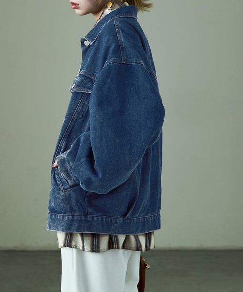Fashion Letter（ファッションレター）の「オーバーサイズ デニムジャケット アウター ブルゾン（デニムジャケット・レディース・ライトブルー/ブラック/ブルー・M/L）」の20枚目の写真