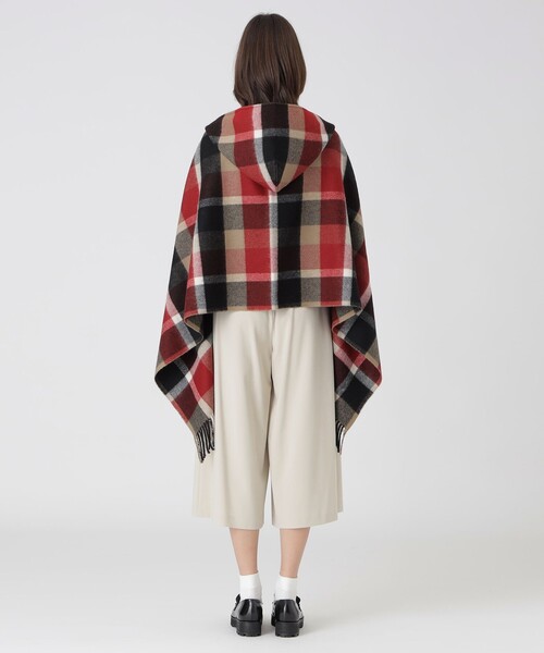 バーバリーブルーレーベル　ポンチョ　ストール　チェック　ウール　フード　赤　M バーバリーブルーレーベル ポンチョ ストール チェック ウール フード