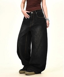 デニムパンツ（ブラック/黒色系・レオパード柄）ファッション通販