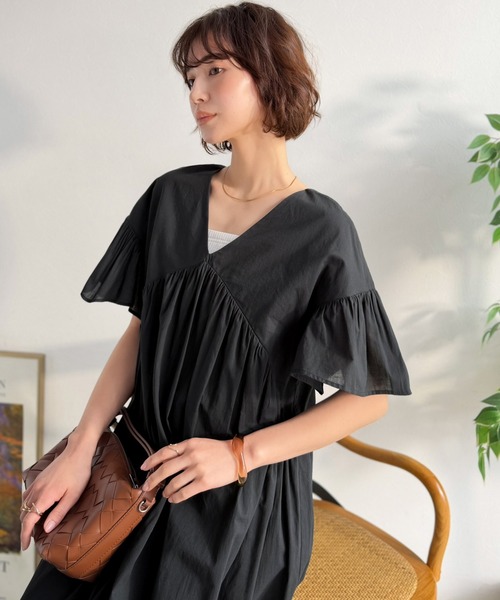 Classical Evon（クラシカルエヴォン）の「【Classical Evon】ふんわり揺れて、涼しげ美人。綿100%袖フリルギャザーワンピース（ワンピース・レディース・ブラック/ネイビー・LARGE/SMALL/X-LARGE/MEDIUM）」の21枚目の写真