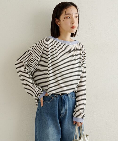 Omekashi(オメカシ)の「ボーダーオフショルロングTシャツ(Tシャツ/カットソー・レディース・オフホワイト/ブラック/ベージュ・FREE)」の2枚目の写真