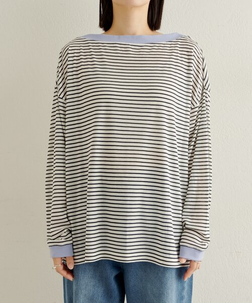 Omekashi(オメカシ)の「ボーダーオフショルロングTシャツ(Tシャツ/カットソー・レディース・オフホワイト/ブラック/ベージュ・FREE)」の4枚目の写真