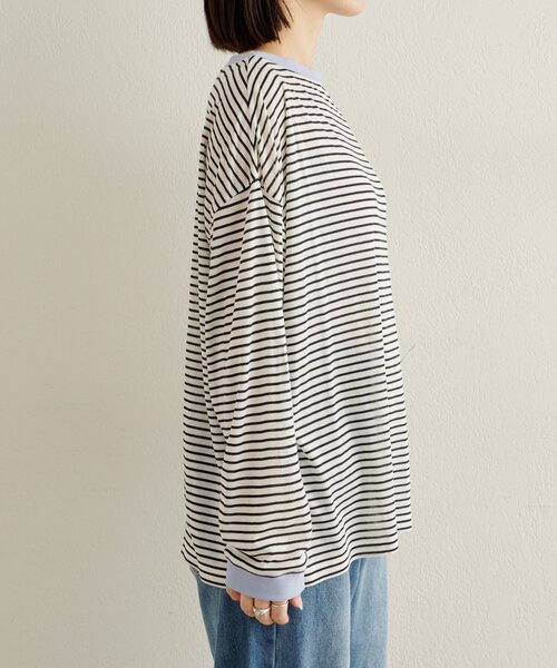 Omekashi(オメカシ)の「ボーダーオフショルロングTシャツ(Tシャツ/カットソー・レディース・オフホワイト/ブラック/ベージュ・FREE)」の5枚目の写真