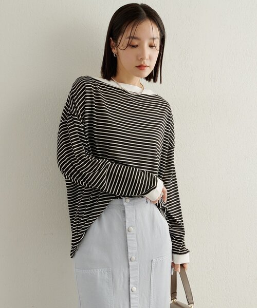 Omekashi(オメカシ)の「ボーダーオフショルロングTシャツ(Tシャツ/カットソー・レディース・オフホワイト/ブラック/ベージュ・FREE)」の11枚目の写真