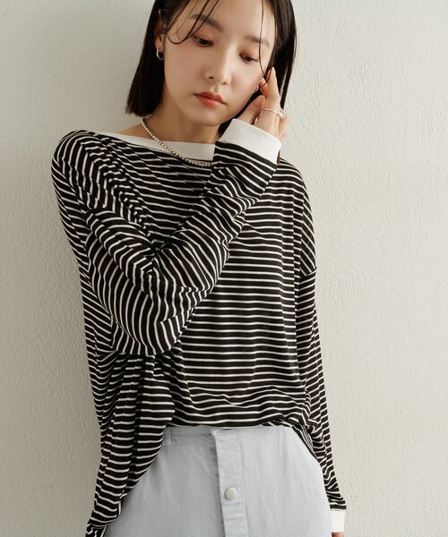 Omekashi(オメカシ)の「ボーダーオフショルロングTシャツ(Tシャツ/カットソー・レディース・オフホワイト/ブラック/ベージュ・FREE)」の12枚目の写真