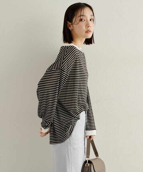 Omekashi(オメカシ)の「ボーダーオフショルロングTシャツ(Tシャツ/カットソー・レディース・オフホワイト/ブラック/ベージュ・FREE)」の13枚目の写真