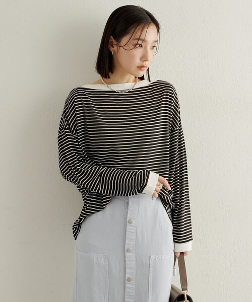 Omekashi(オメカシ)の「ボーダーオフショルロングTシャツ(Tシャツ/カットソー・レディース・オフホワイト/ブラック/ベージュ・FREE)」の14枚目の写真