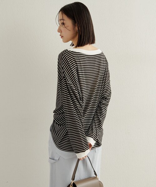 Omekashi(オメカシ)の「ボーダーオフショルロングTシャツ(Tシャツ/カットソー・レディース・オフホワイト/ブラック/ベージュ・FREE)」の15枚目の写真
