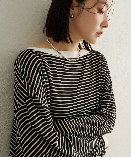 Omekashi(オメカシ)の「ボーダーオフショルロングTシャツ(Tシャツ/カットソー・レディース・オフホワイト/ブラック/ベージュ・FREE)」の16枚目の写真