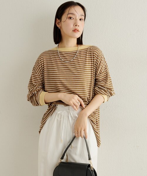 Omekashi(オメカシ)の「ボーダーオフショルロングTシャツ(Tシャツ/カットソー・レディース・オフホワイト/ブラック/ベージュ・FREE)」の22枚目の写真