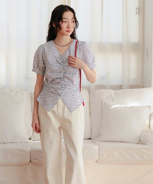 miette(ミエット)の「フロントギャザー半袖ブラウス(シャツ/ブラウス・レディース・ライトブルー/ネイビー/ブラウン/ブラック・L/M/S)」の8枚目の写真