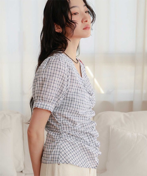 miette(ミエット)の「フロントギャザー半袖ブラウス(シャツ/ブラウス・レディース・ライトブルー/ネイビー/ブラウン/ブラック・L/M/S)」の9枚目の写真