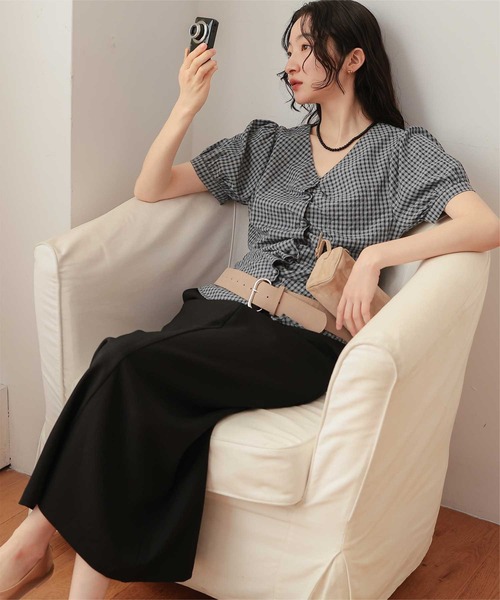 miette(ミエット)の「フロントギャザー半袖ブラウス(シャツ/ブラウス・レディース・ライトブルー/ネイビー/ブラウン/ブラック・L/M/S)」の19枚目の写真