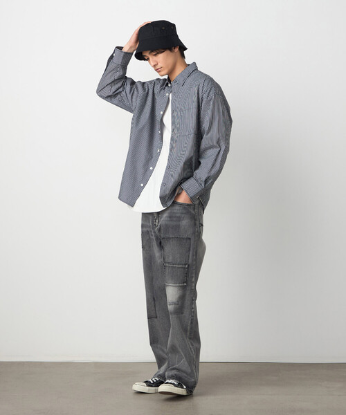 Purple&Yellow（パープルアンドイエロー）の「バック刺繍 ストライプシャツ（シャツ/ブラウス・メンズ・ブラック/ネイビー・MEDIUM/SMALL/LARGE）」の5枚目の写真