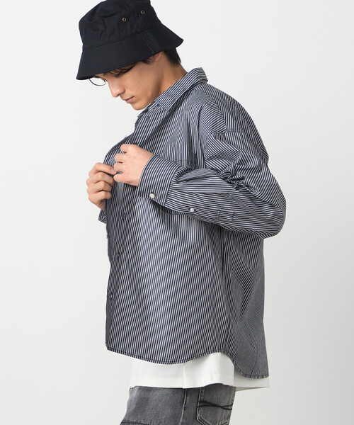 Purple&Yellow（パープルアンドイエロー）の「バック刺繍 ストライプシャツ（シャツ/ブラウス・メンズ・ブラック/ネイビー・MEDIUM/SMALL/LARGE）」の6枚目の写真