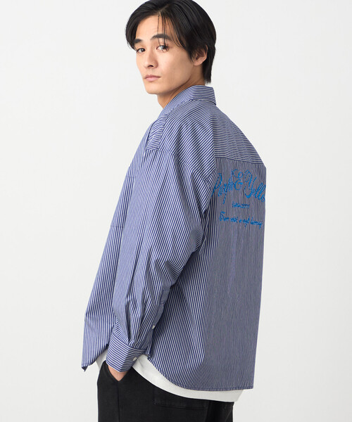 Purple&Yellow（パープルアンドイエロー）の「バック刺繍 ストライプシャツ（シャツ/ブラウス・メンズ・ブラック/ネイビー・MEDIUM/SMALL/LARGE）」の14枚目の写真