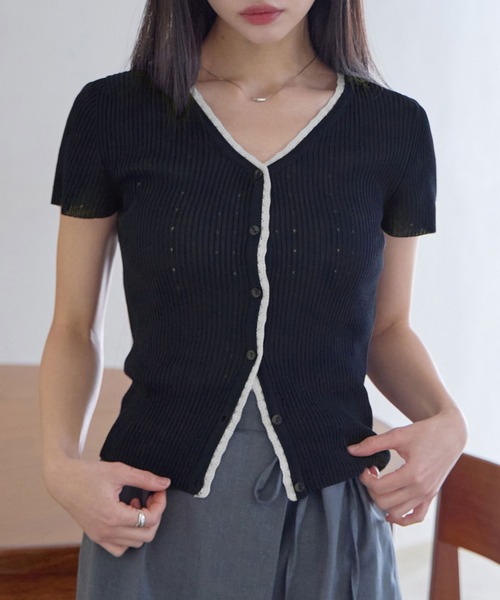 CHAN ME(チャンミ)の「配色サマーニットカーディガン(ニット/セーター・レディース・アイボリー/ネイビー・X-LARGE/LARGE/MEDIUM)」の2枚目の写真
