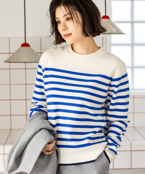 Petit Honfleur(プチオンフルール)の「ミラノリブ配色ボーダーニット【洗える】(ニット/セーター・レディース・ネイビー/グレー/ブルー・M/L)」の3枚目の写真
