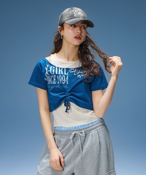 X-girl(エックスガール)の「RHINESTONE LOGO DENIM CAP(キャップ・レディース・ブラック/ライトインディゴブルー・ONE SIZE)」の3枚目の写真