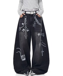 lilful | 【26年春夏新作】Y2K クロスチェーンプリント ワイドデニムパンツ(デニムパンツ)