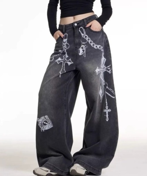 lilful(リルフル)の「【26年春夏新作】Y2K クロスチェーンプリント ワイドデニムパンツ(デニムパンツ・レディース・ブラック・XL/L/M)」の13枚目の写真