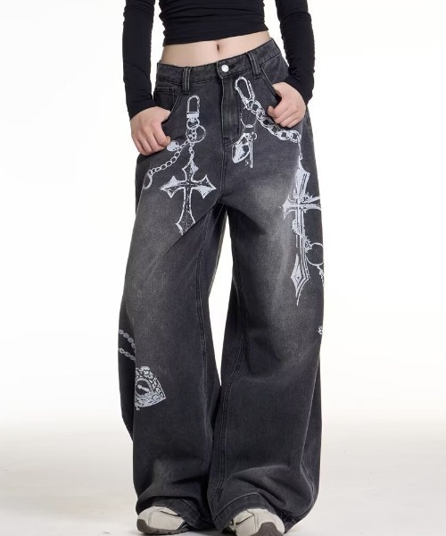 lilful(リルフル)の「【26年春夏新作】Y2K クロスチェーンプリント ワイドデニムパンツ(デニムパンツ・レディース・ブラック・XL/L/M)」の22枚目の写真