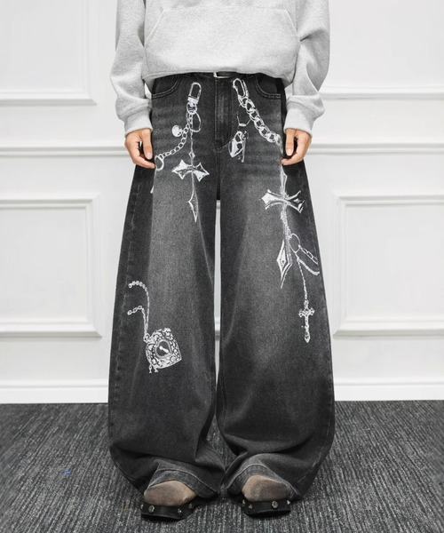 lilful(リルフル)の「【26年春夏新作】Y2K クロスチェーンプリント ワイドデニムパンツ(デニムパンツ・レディース・ブラック・XL/L/M)」の21枚目の写真