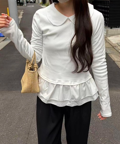 mebole(メボレ)の「Round Collar Frill Top(Tシャツ/カットソー・レディース・ブラック/ホワイト・FREE)」の1枚目の写真