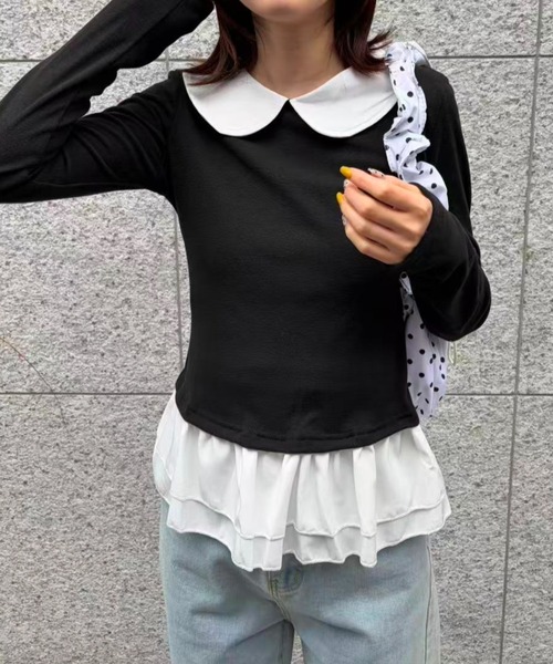 mebole(メボレ)の「Round Collar Frill Top(Tシャツ/カットソー・レディース・ブラック/ホワイト・FREE)」の2枚目の写真