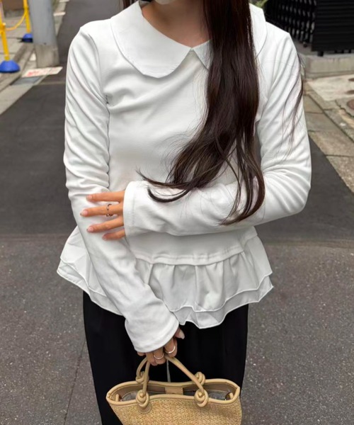 mebole(メボレ)の「Round Collar Frill Top(Tシャツ/カットソー・レディース・ブラック/ホワイト・FREE)」の9枚目の写真