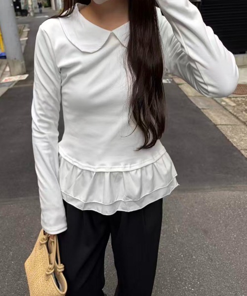 mebole(メボレ)の「Round Collar Frill Top(Tシャツ/カットソー・レディース・ブラック/ホワイト・FREE)」の8枚目の写真