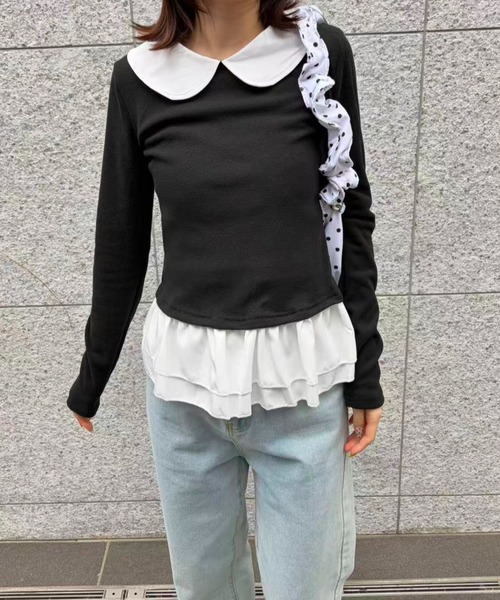 mebole(メボレ)の「Round Collar Frill Top(Tシャツ/カットソー・レディース・ブラック/ホワイト・FREE)」の18枚目の写真