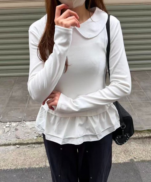 mebole(メボレ)の「Round Collar Frill Top(Tシャツ/カットソー・レディース・ブラック/ホワイト・FREE)」の4枚目の写真