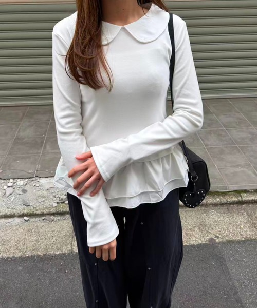 mebole(メボレ)の「Round Collar Frill Top(Tシャツ/カットソー・レディース・ブラック/ホワイト・FREE)」の3枚目の写真