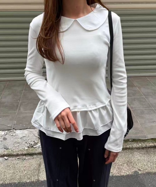 mebole(メボレ)の「Round Collar Frill Top(Tシャツ/カットソー・レディース・ブラック/ホワイト・FREE)」の5枚目の写真