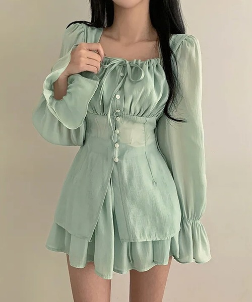 Girly Doll(ガーリードール)の「【セットアップ】ギャザーリボンフレアブラウス&ミニスカート 上下2点セット(セットアップ・レディース・グリーン/ベージュ/ブラック・FREE)」の2枚目の写真