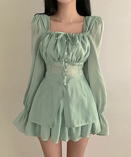 Girly Doll(ガーリードール)の「【セットアップ】ギャザーリボンフレアブラウス&ミニスカート 上下2点セット(セットアップ・レディース・グリーン/ベージュ/ブラック・FREE)」の14枚目の写真