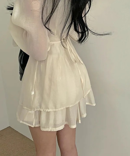 Girly Doll(ガーリードール)の「【セットアップ】ギャザーリボンフレアブラウス&ミニスカート 上下2点セット(セットアップ・レディース・グリーン/ベージュ/ブラック・FREE)」の8枚目の写真