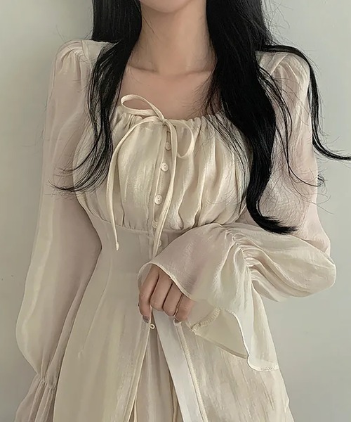 Girly Doll(ガーリードール)の「【セットアップ】ギャザーリボンフレアブラウス&ミニスカート 上下2点セット(セットアップ・レディース・グリーン/ベージュ/ブラック・FREE)」の5枚目の写真
